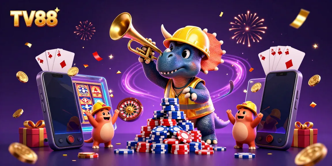 Join the fun at TV88 as a triceratops builds a poker chip pyramid amidst a celebration of casino games.