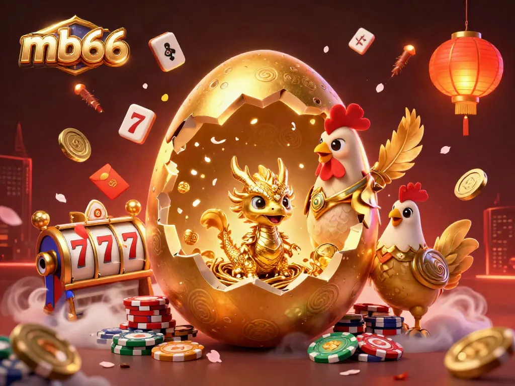 Experience excitement with mb66 as a golden dragon emerges from a slot game, surrounded by gaming elements.