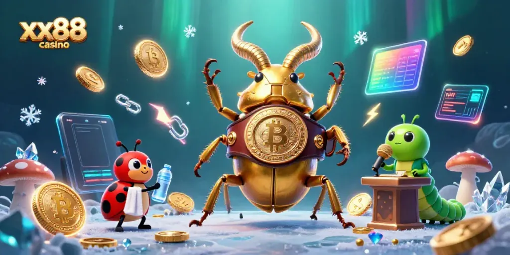 Engage with xx88 casino featuring a golden beetle champion and colorful crypto elements.