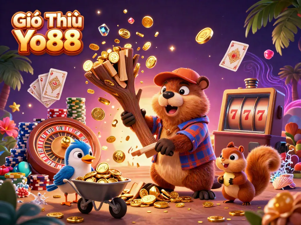 Experience thrilling moments at Giới Thiệu Yo88 with vibrant characters, golden coins, and casino elements.