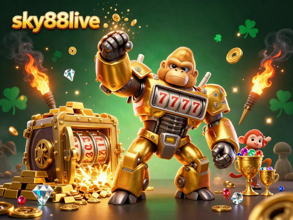 Experience the thrill of sky88live with this vibrant 3D illustration of a golden mech and treasure elements.