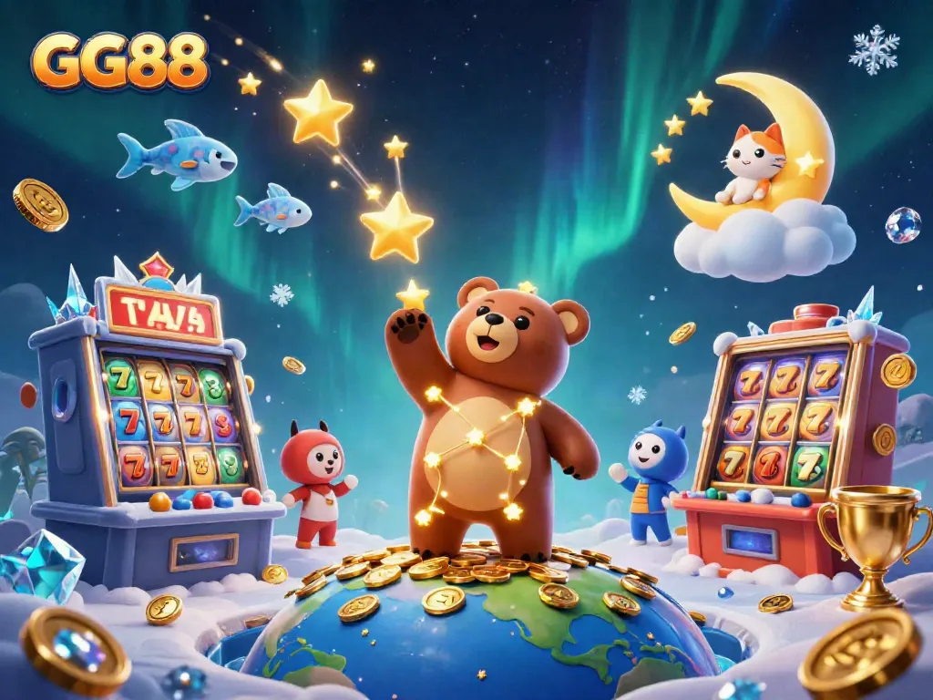 GG88 promotes excitement in this lively scene with a constellation bear interacting with slots and coins.