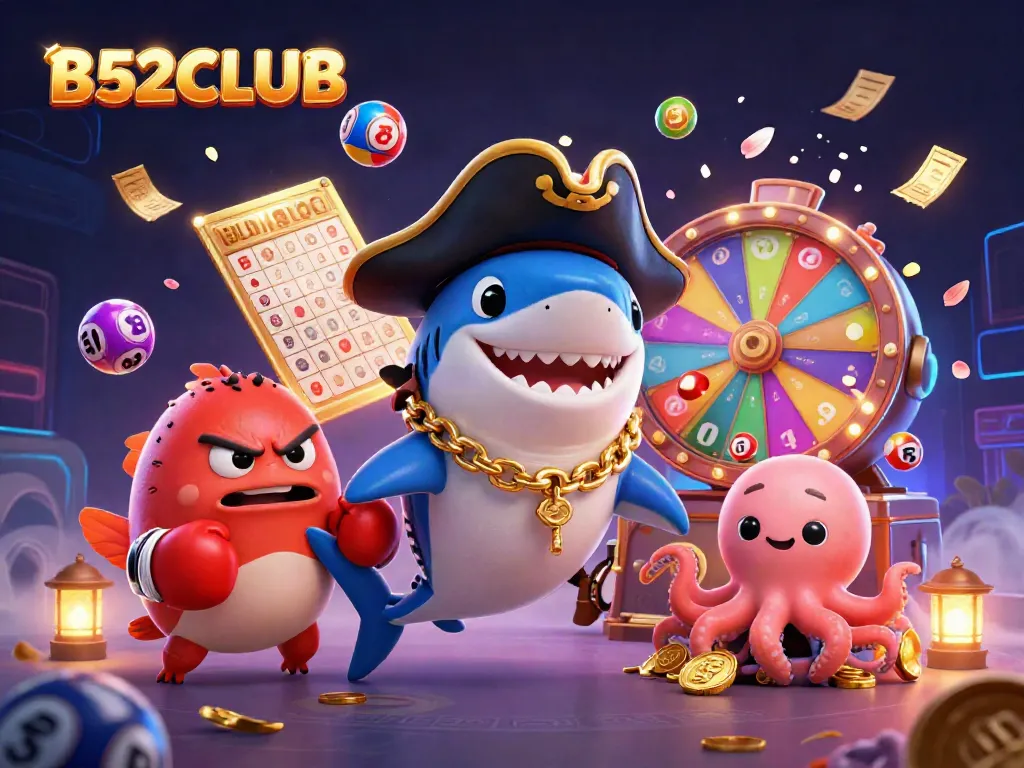 B52CLUB promotes exciting gambling with colorful characters celebrating victories in a vibrant casino scene.