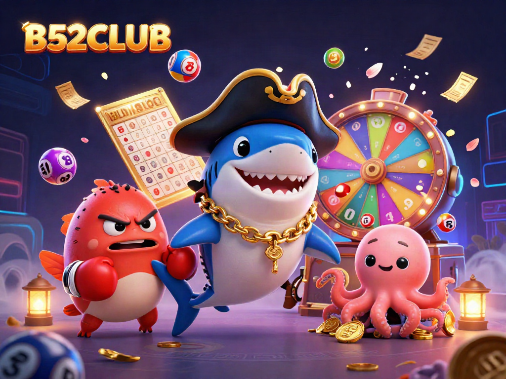 B52CLUB promotes exciting gambling with colorful characters celebrating victories in a vibrant casino scene.