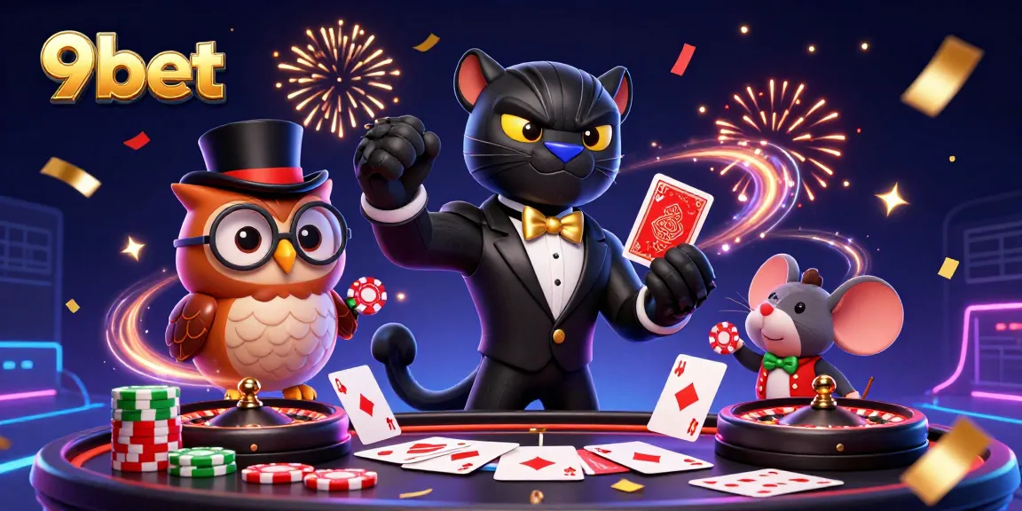 Experience thrilling gaming moments with 9bet's lively casino characters and dazzling elements.