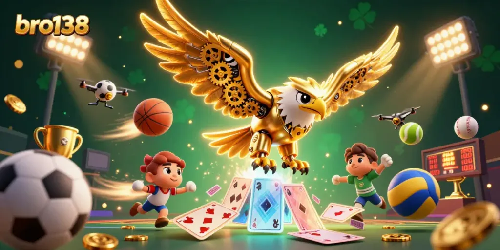 Experience the thrill of bro138 with a dynamic scene of holographic cards and a golden eagle in action.