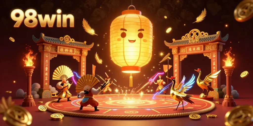 Experience the excitement of 98win with a glowing lantern spirit floating above the casino, surrounded by dynamic gaming elements.