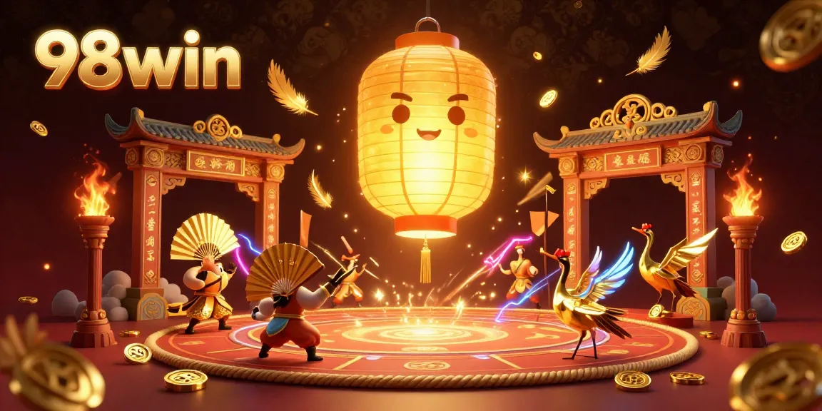 Experience the excitement of 98win with a glowing lantern spirit floating above the casino, surrounded by dynamic gaming elements.