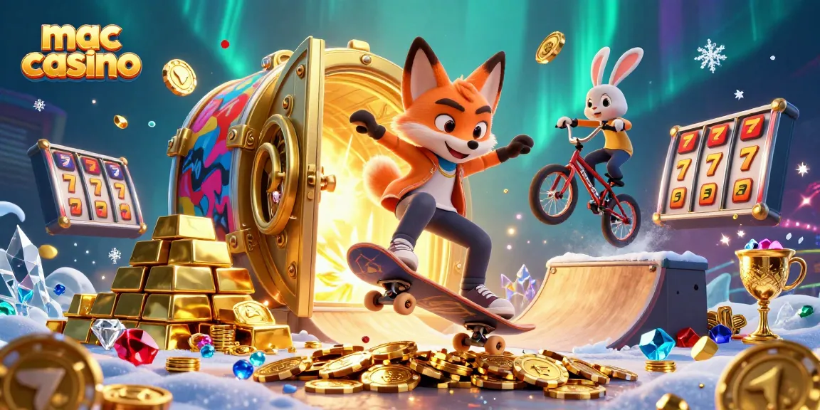 Experience thrilling action at the mac casino with a vibrant 3D illustration of a skateboarding fox and BMX rabbit amidst jackpot symbols.