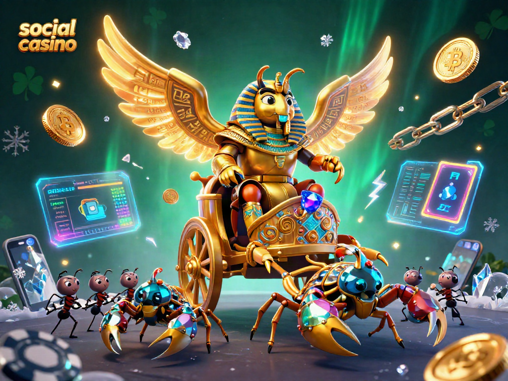 Enjoy a vibrant social casino scene with a golden scarab, scorpions, and glowing cryptocurrency elements.