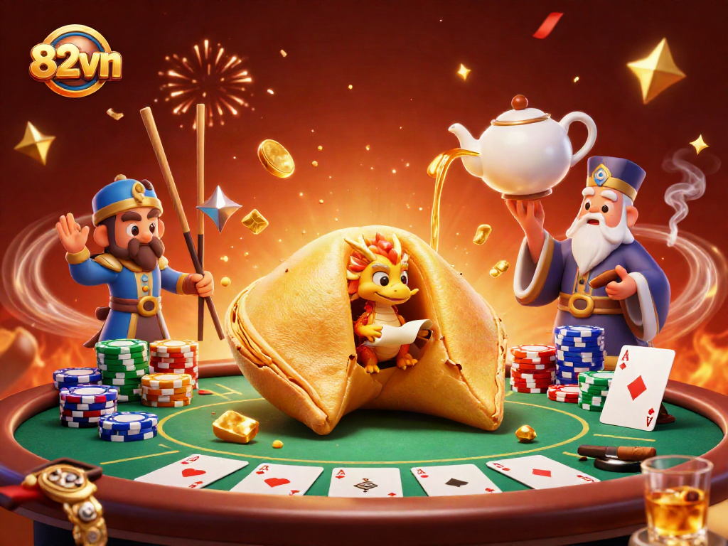 Engage with 82vn's vibrant 3D cartoon scene of a giant fortune cookie and poker elements.