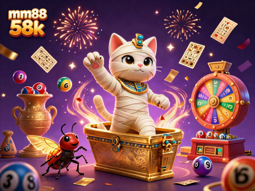 Engage with mm88 58k through a thrilling 3D illustration featuring a mummy cat in a vibrant casino scene.