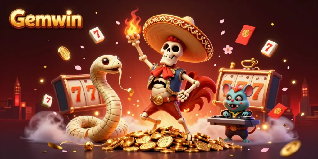Gemwin showcases a festive 3D party scene with a rooster, mummy snake, and DJ hamster celebrating on coins.