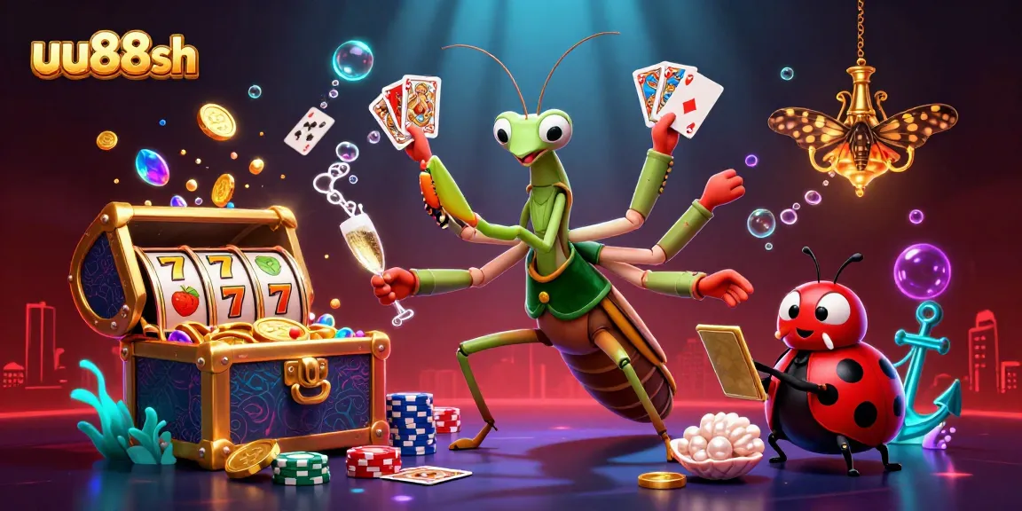 uu88sh casino scene with a card sharp mantis and ladybug pit boss amidst colorful slot elements