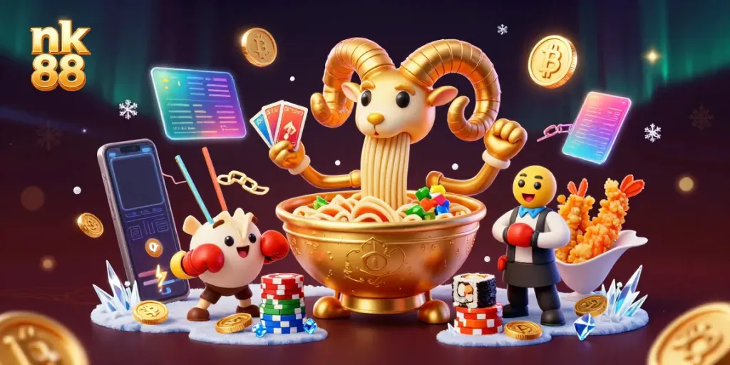 Experience thrilling gaming at nk 88 with vibrant animated characters and crypto elements.