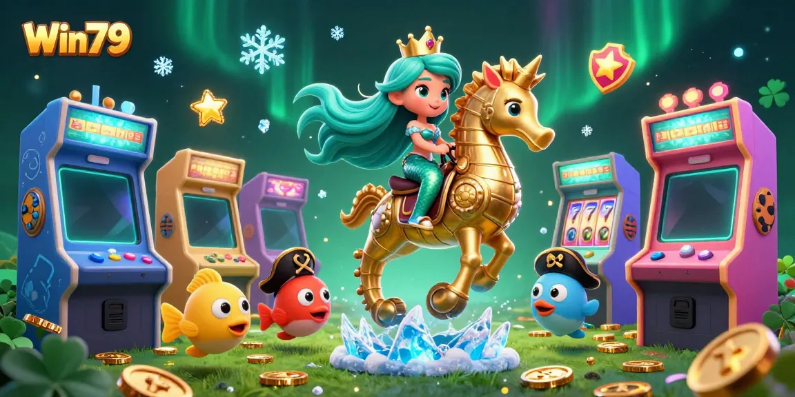 Win79 offers fun with a mermaid princess riding a golden seahorse amidst vibrant casino elements.