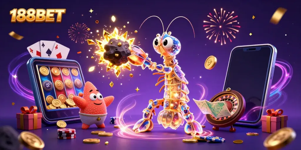 188BET engages players with a vibrant 3D illustration of casino excitement and rewards.
