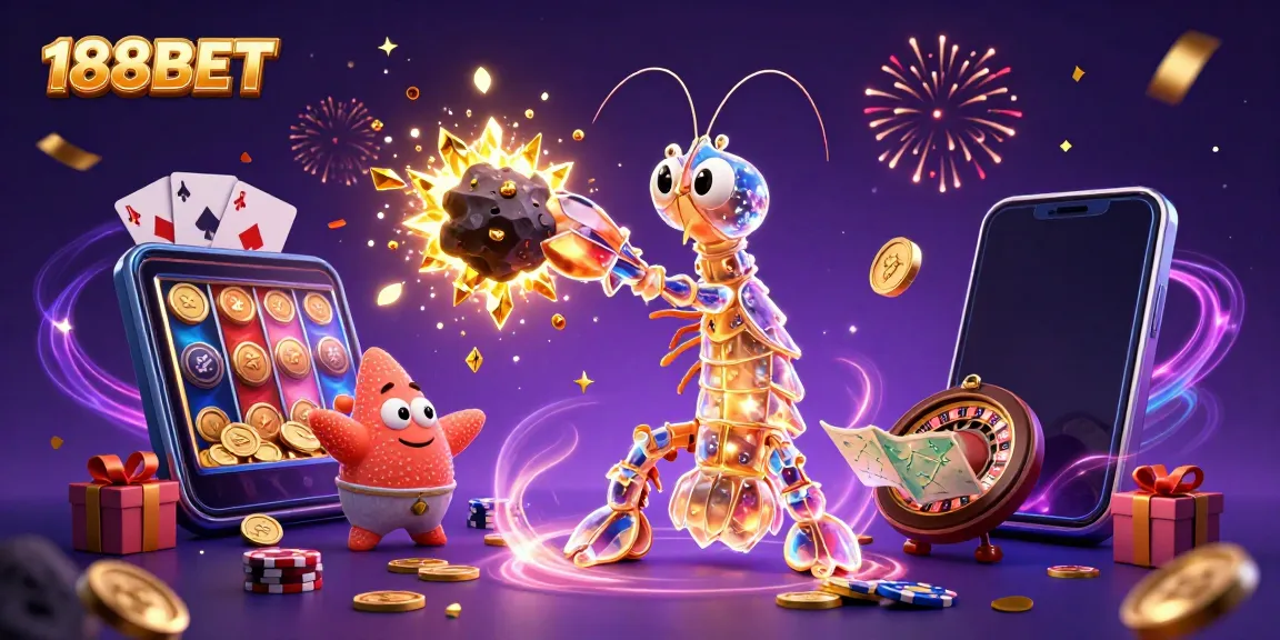 188BET engages players with a vibrant 3D illustration of casino excitement and rewards.
