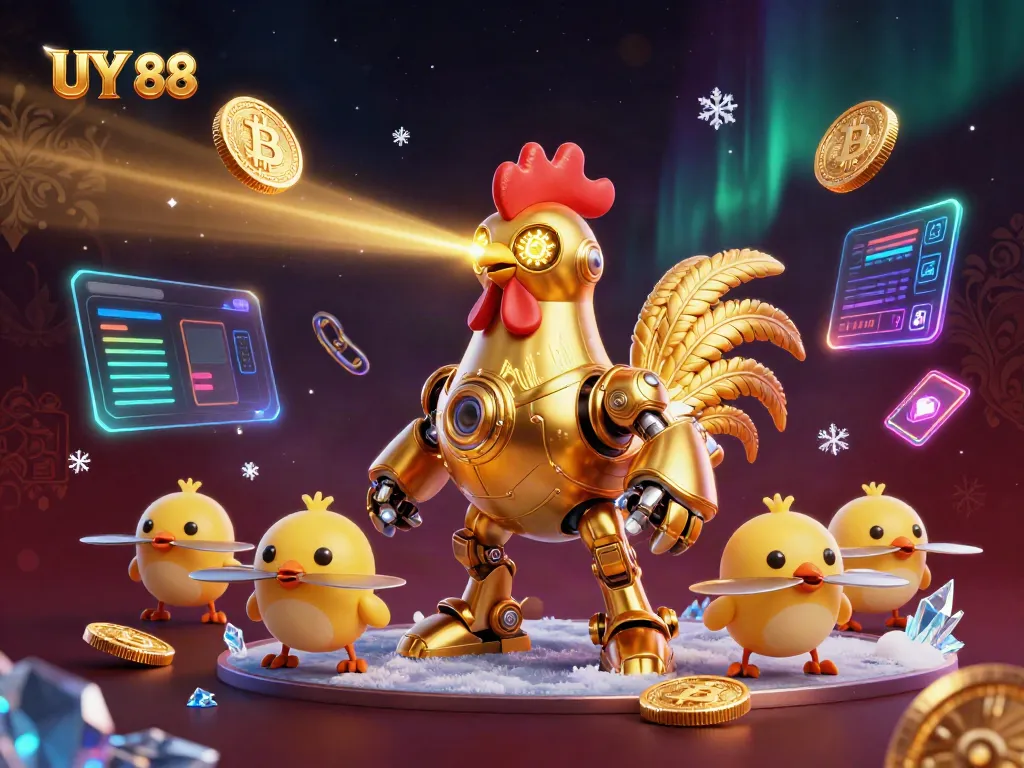 Experience exciting UY 88 casino adventures with a futuristic rooster robot and baby chick drones.