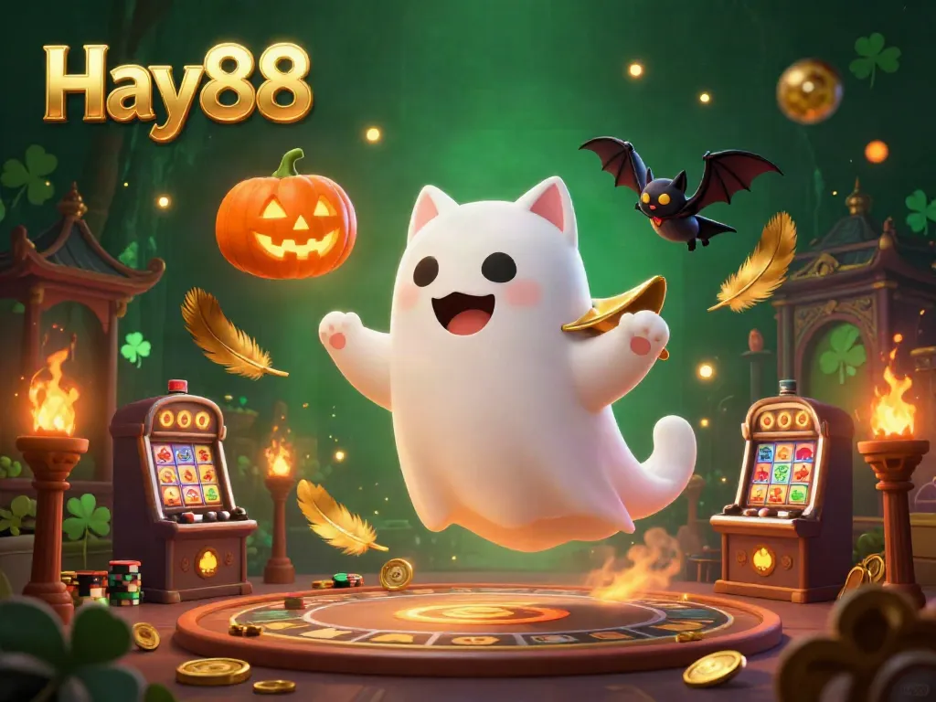 Experience the thrill of Hay88 with a lively ghost cat, vampire bat, and glowing elements in an enchanting casino.