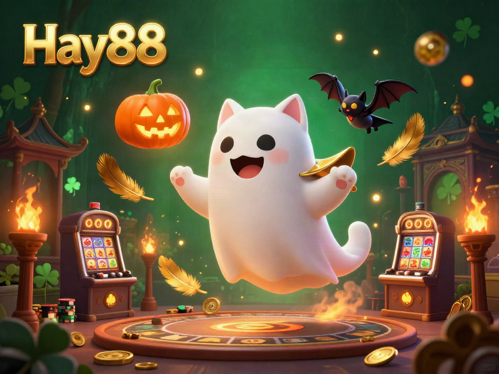 Experience the thrill of Hay88 with a lively ghost cat, vampire bat, and glowing elements in an enchanting casino.