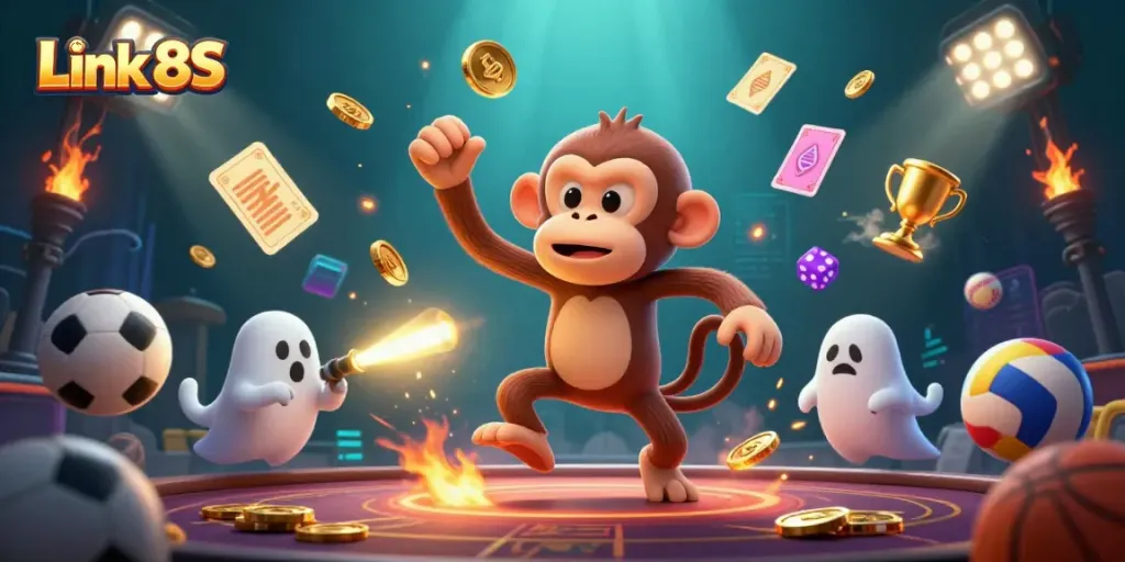 Link 8S showcases a mischievous monkey juggling golden casino items in a haunted scene.
