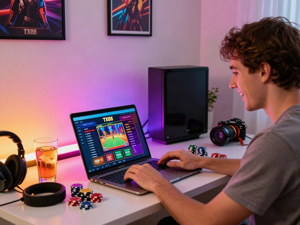 Engaged young man using TX88 online gambling site on laptop with vibrant gaming decor.