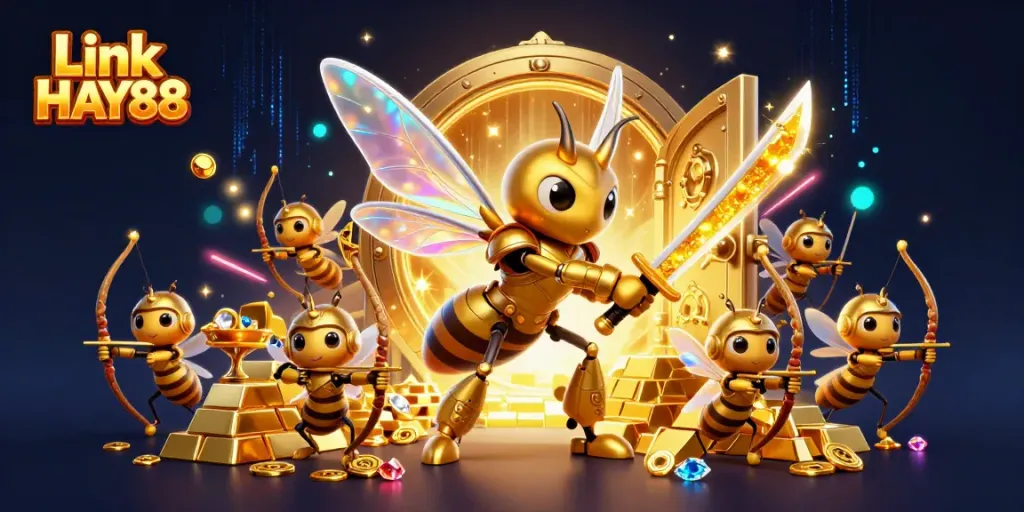 Experience thrilling action with Link HAY88 as golden hornets and bees surround vibrant treasures.