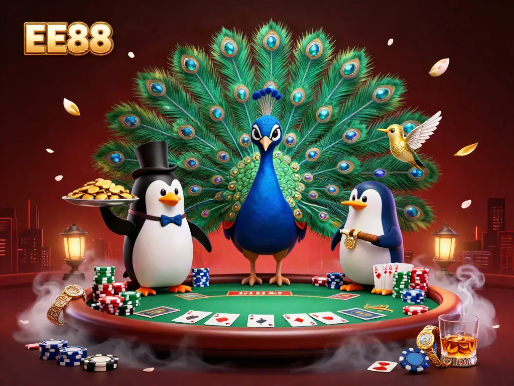Experience the vibrant casino scene with EE88, showcasing a peacock and penguin amidst poker elements.
