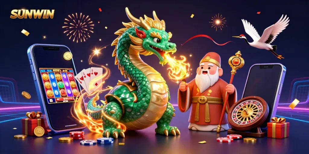 Engage in thrilling gameplay at SUNWIN with a vibrant casino scene featuring a jade dragon and a turtle sage.
