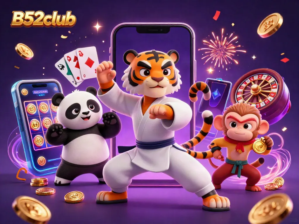 B52club's vibrant casino scene with lively characters engaged in gambling activities showcases thrilling gaming moments.