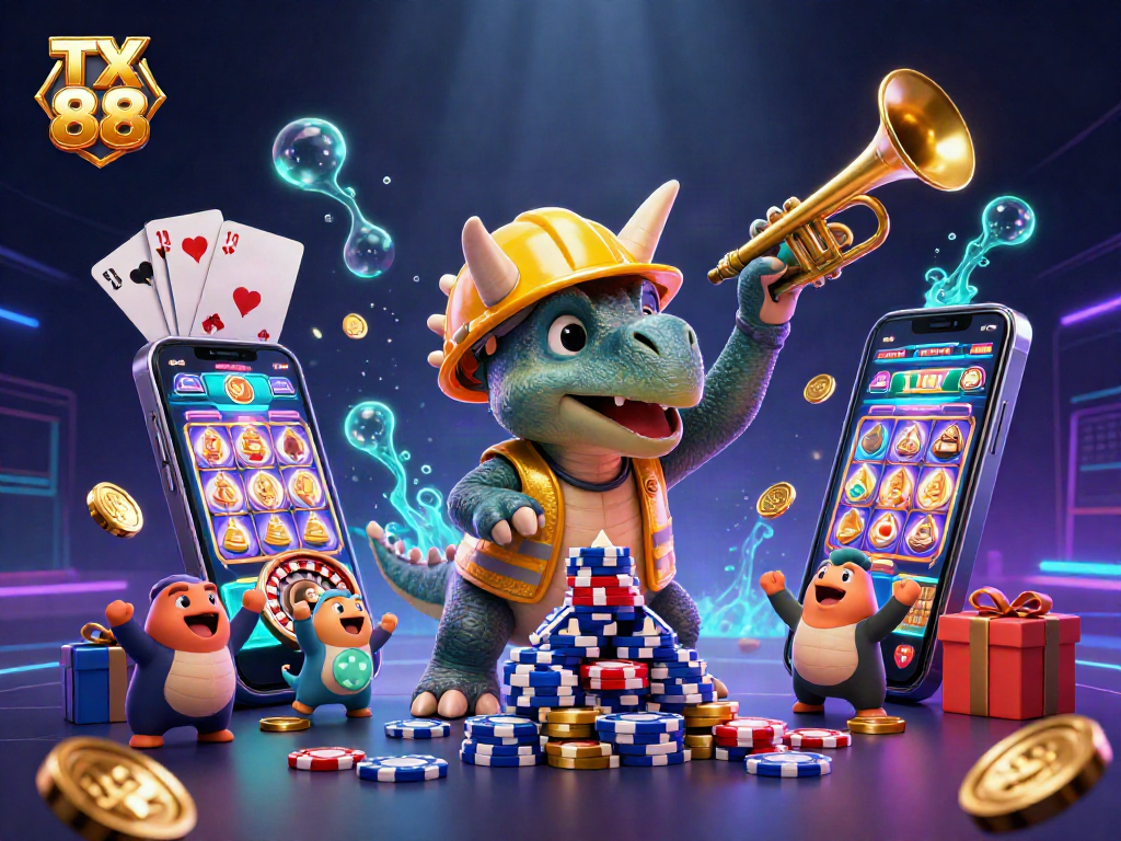 Experience winning with TX 88 as a triceratops builds poker chip towers in a vibrant casino scene.