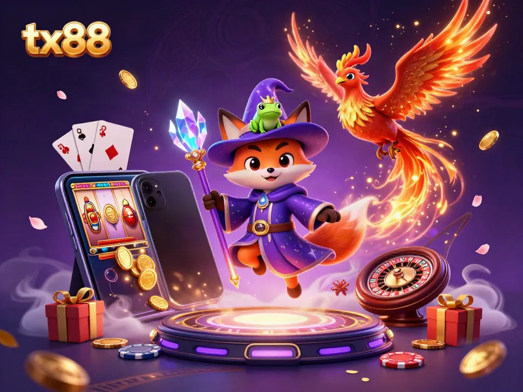 Experience the excitement of tx88 through this vibrant 3D illustration showcasing mystical characters and gaming elements.