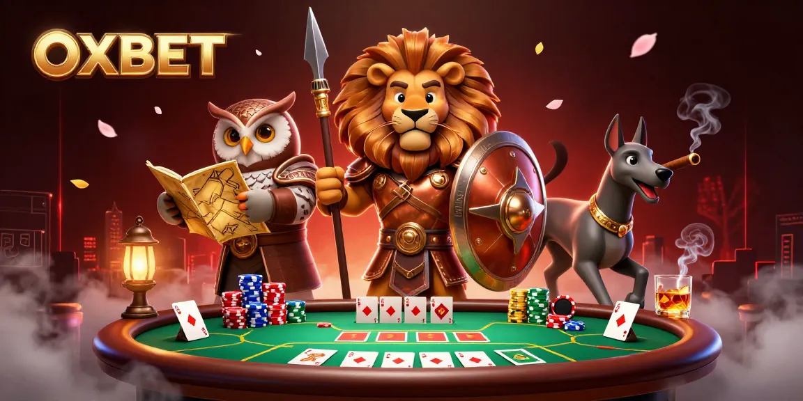 Winning with OXBET as a Spartan lion and owl strategists surround a vibrant poker table.
