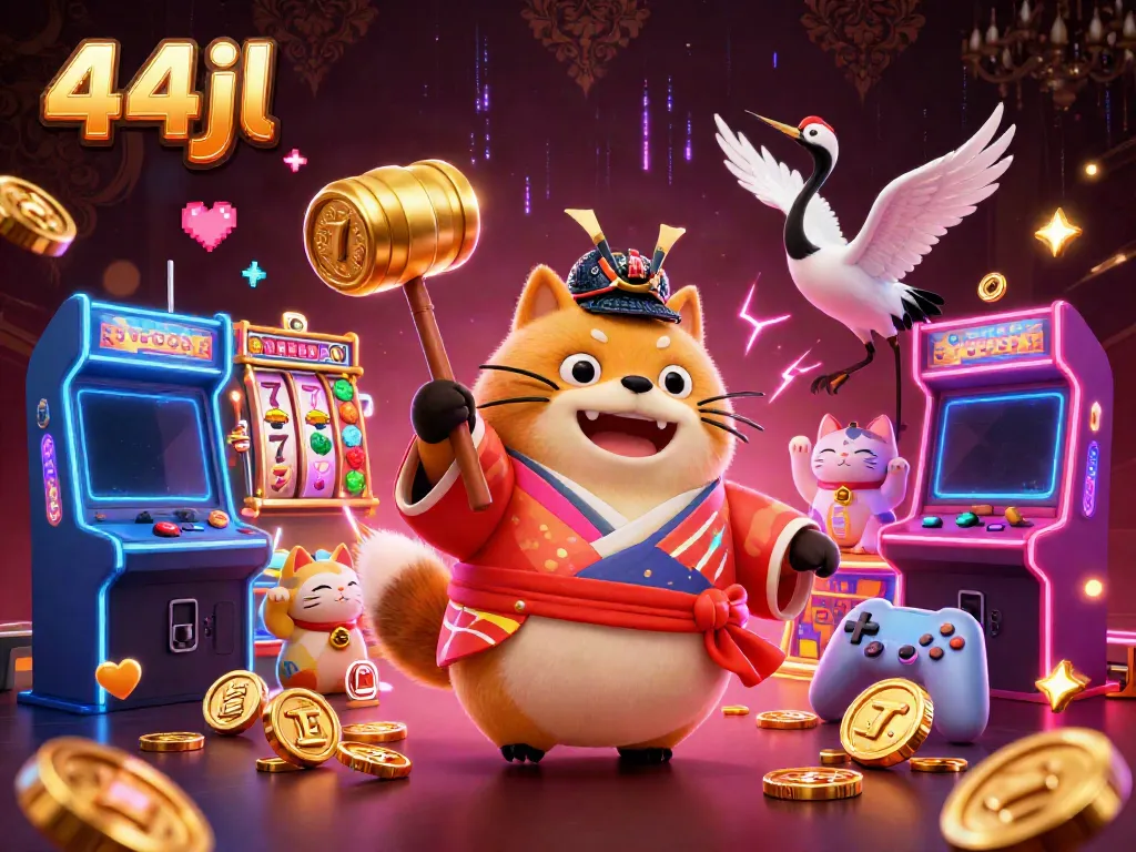 Play online slots for fortune with 44jl's energetic and colorful casino illustration.