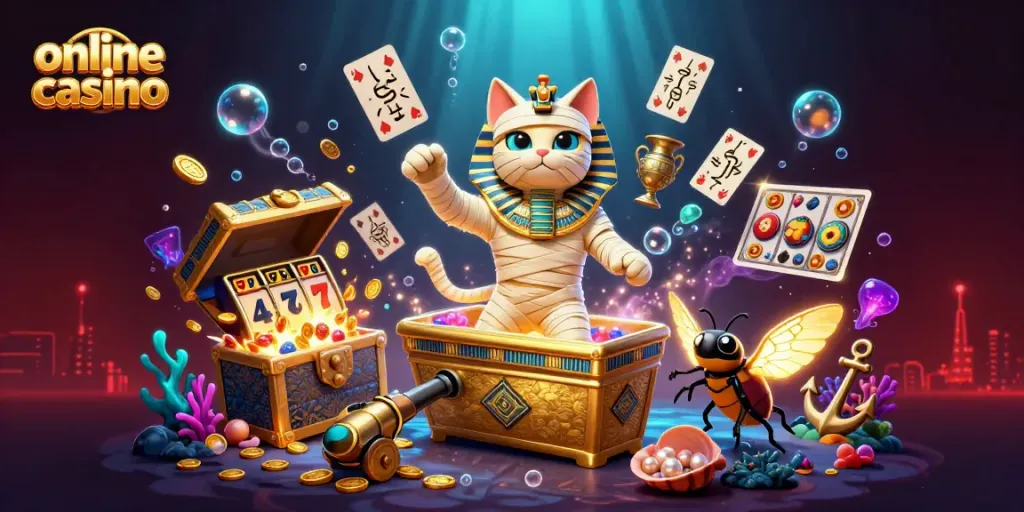 Play exciting games at the online casino with our cartoon characters in a vibrant pyramid setting.
