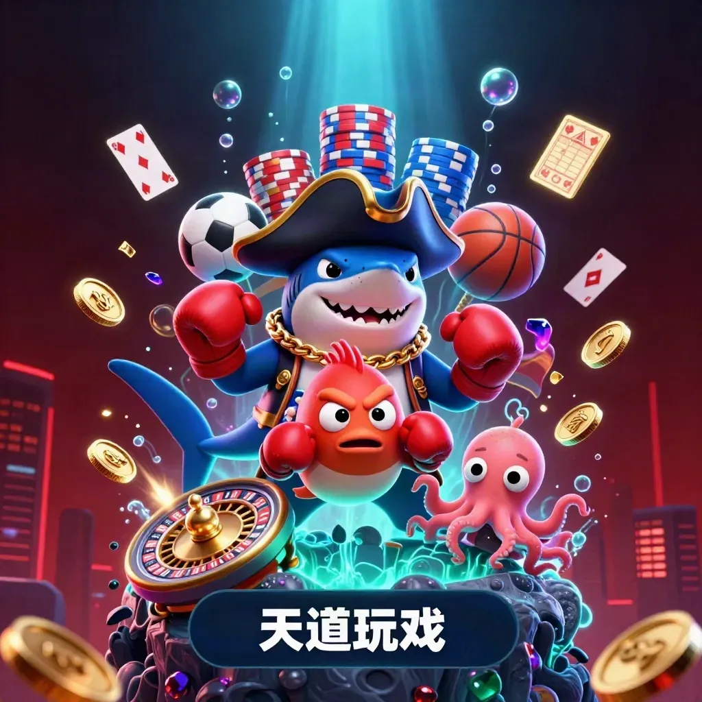 Pirate shark, boxing pufferfish, and juggling octopus amid casino coins, cards, and neon light.