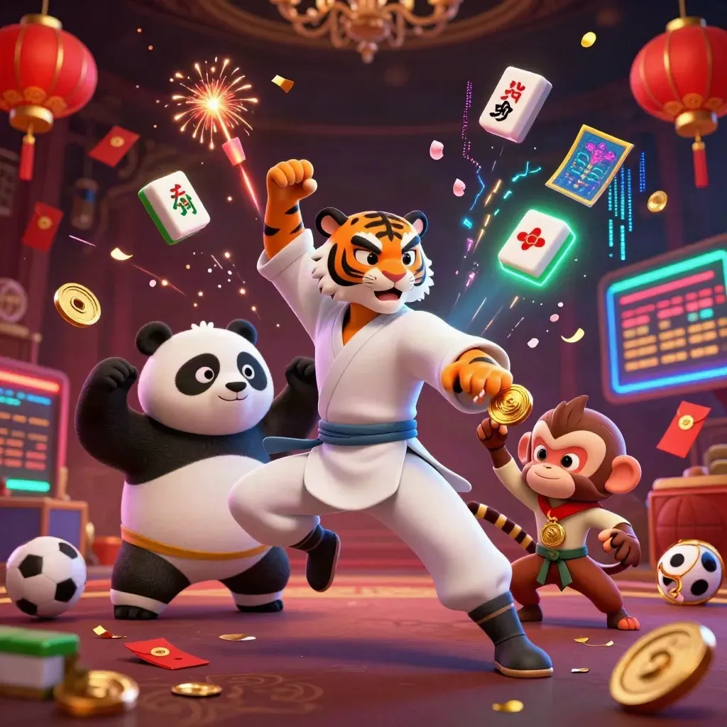 Kung-fu tiger, panda, and monkey amid casino props, neon bolts, gold lanterns, and floating sports balls.
