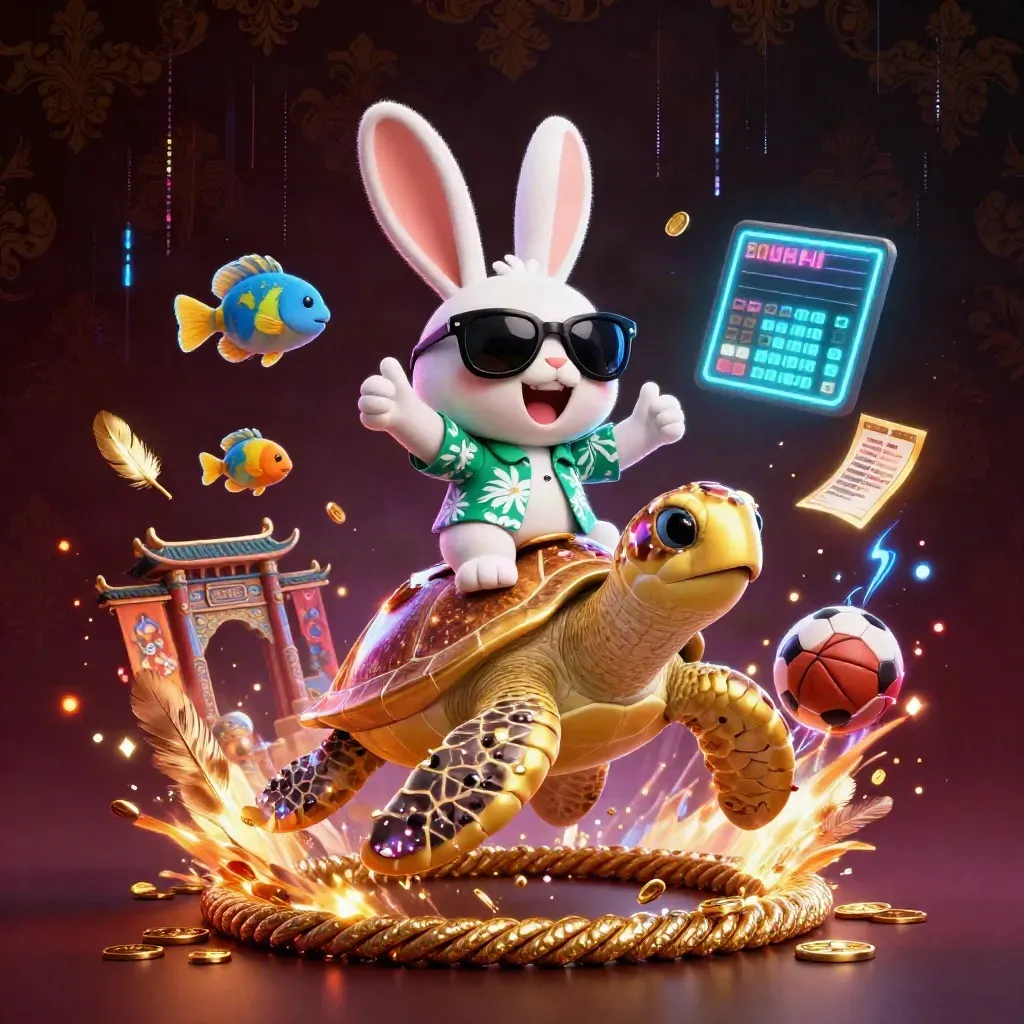 Cartoon lucky rabbit rides a jeweled sea turtle amid casino fantasy lights and treasure.