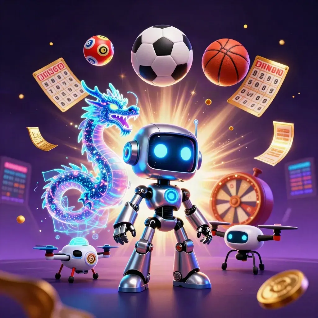 Chrome robot, holographic dragon, and drone amid flying balls, tickets, and casino energy.
