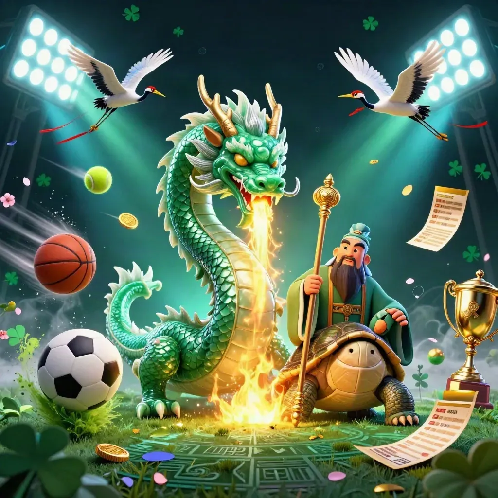 Emerald dragon, turtle sage, and cranes amid flying sports balls, gold fire, and casino lights.