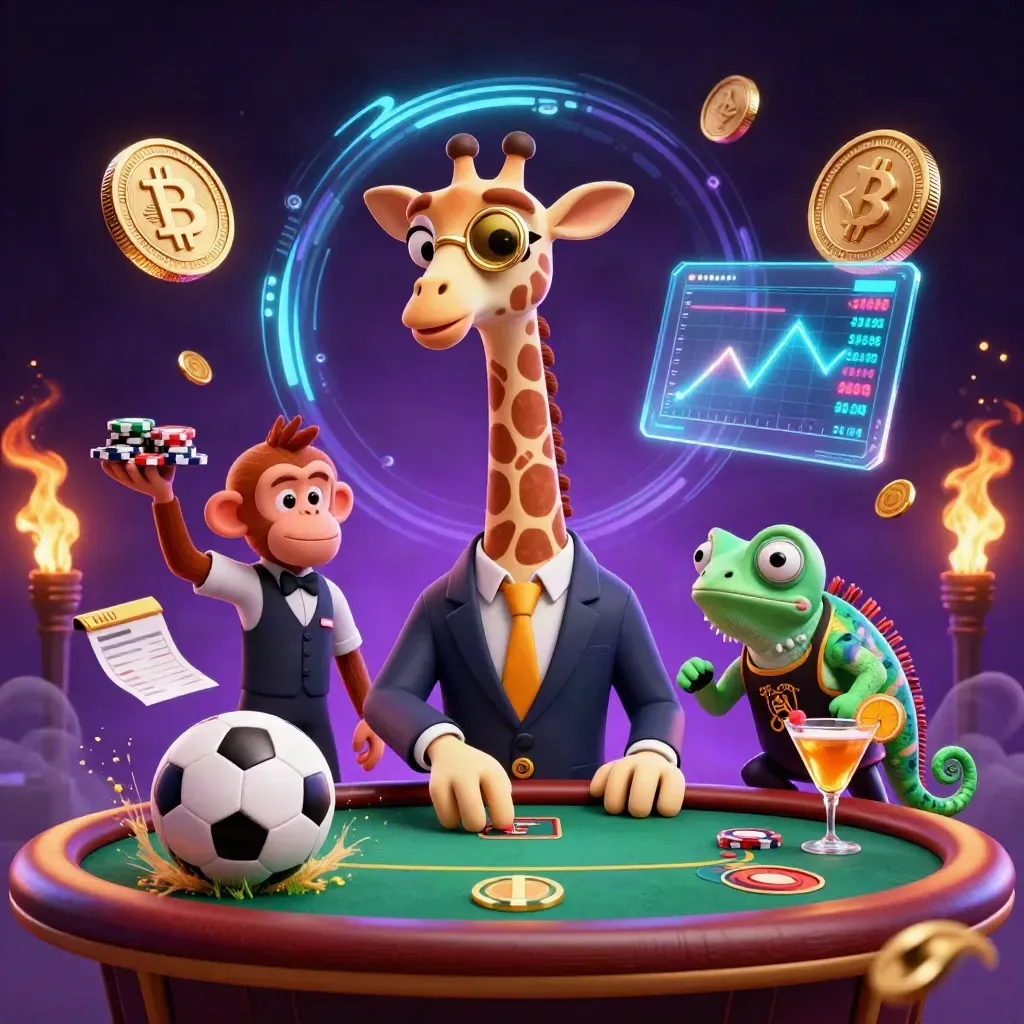Cartoon giraffe, monkey, and chameleon in a neon casino scene with crypto coins and sports balls
