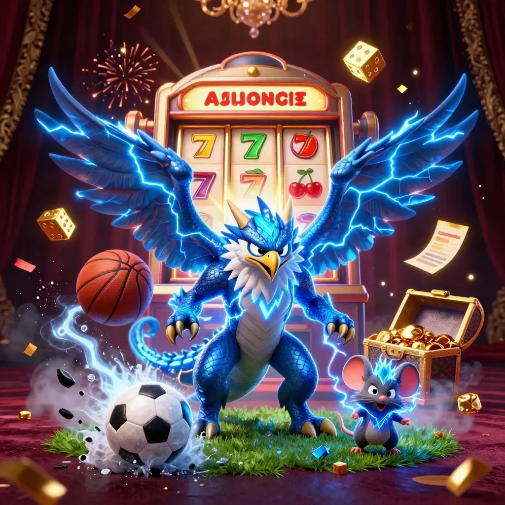 Thunder dragon, wind hawk, and mouse amid casino bursts, balls, dice, and gold.