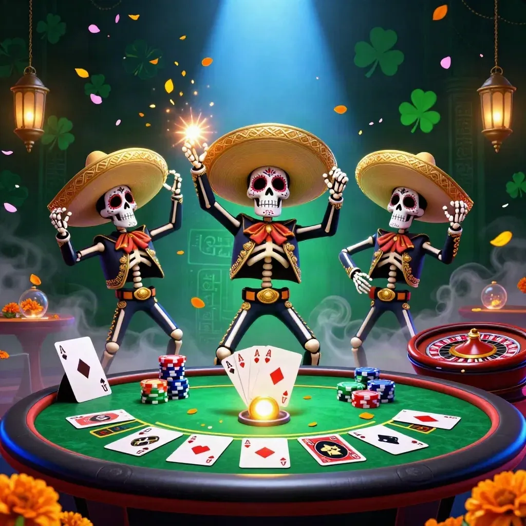 Skeleton mariachi trio plays amid casino lights, chips, cards, and a glowing roulette wheel.
