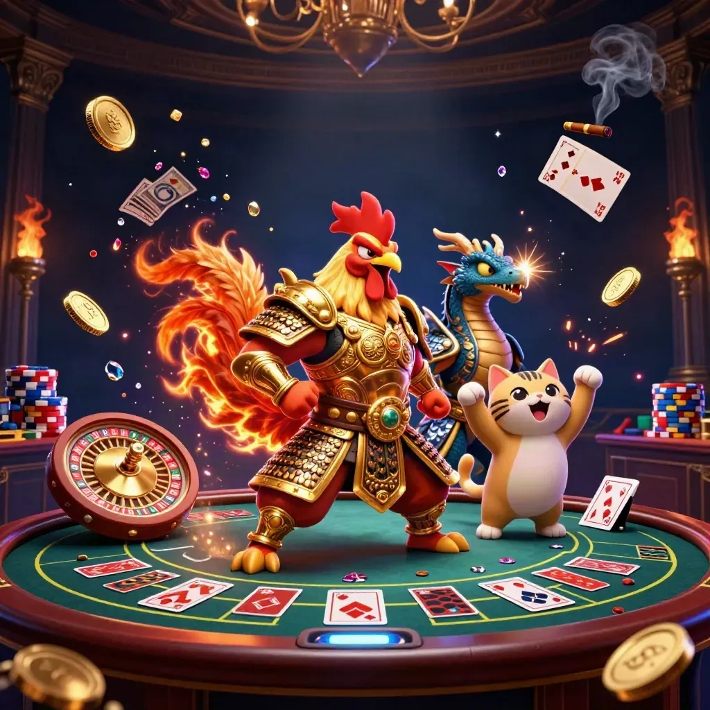 Rooster warrior, dragon hatchling, and fortune-cat amid casino lights, coins, cards, and a spinning wheel