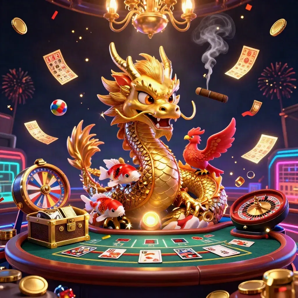 Golden dragon, phoenix and koi in neon casino room with wheels, confetti and brass lights.