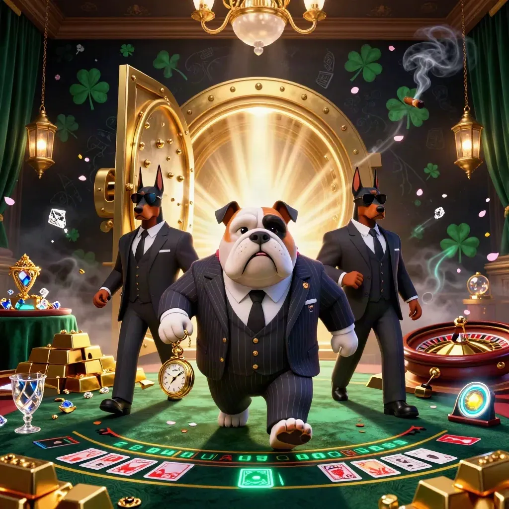 Bulldog mafia boss and Dobermans before a glowing vault in a luxe casino room.