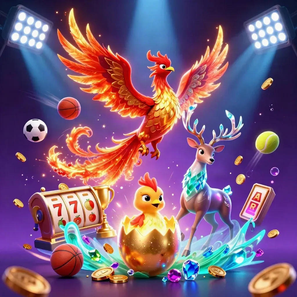 Phoenix, hatching chick, and crystal stag amid sports balls, coins, reels, and neon storm