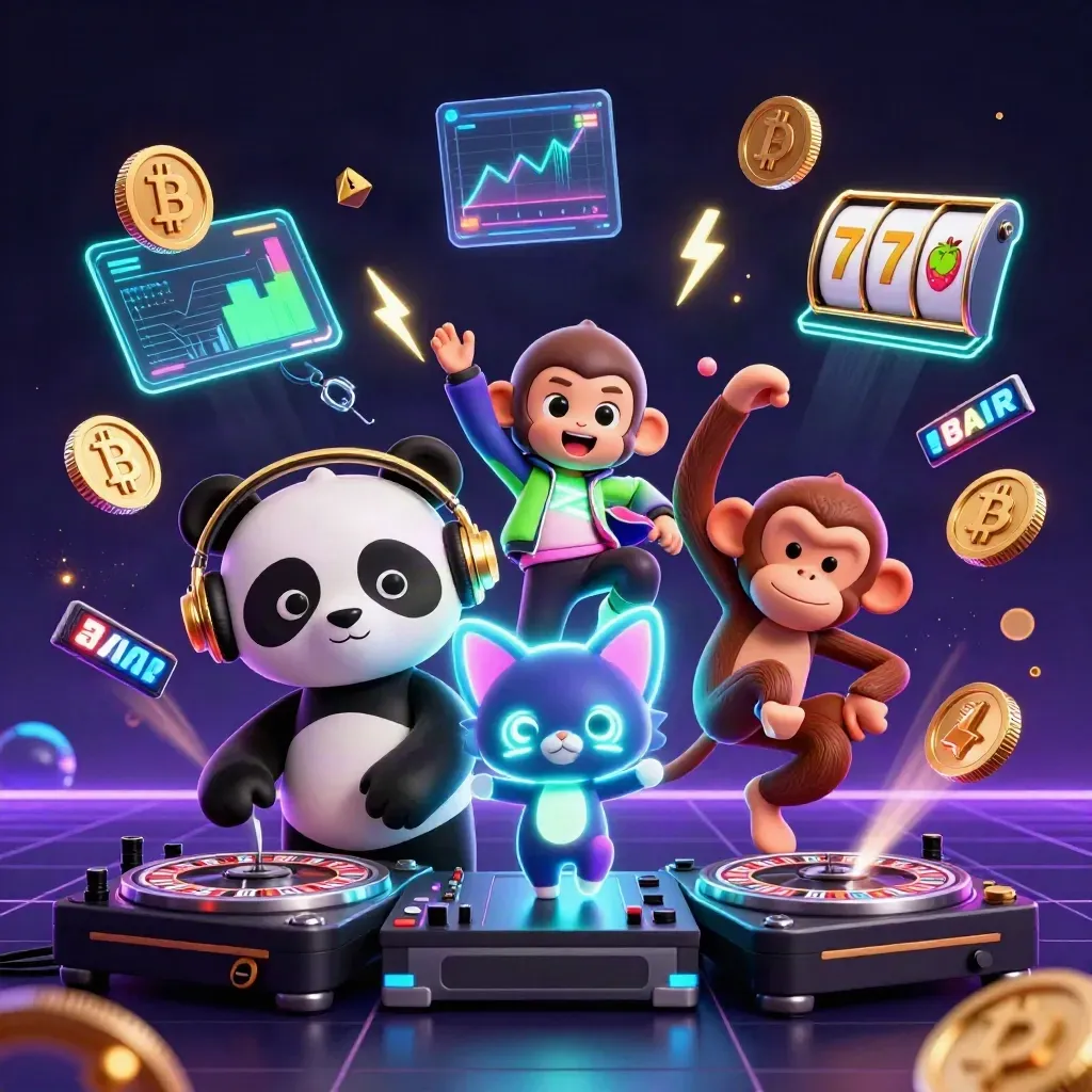Panda DJ, dancing monkey, and rave kitten amid casino crypto effects in neon blue.