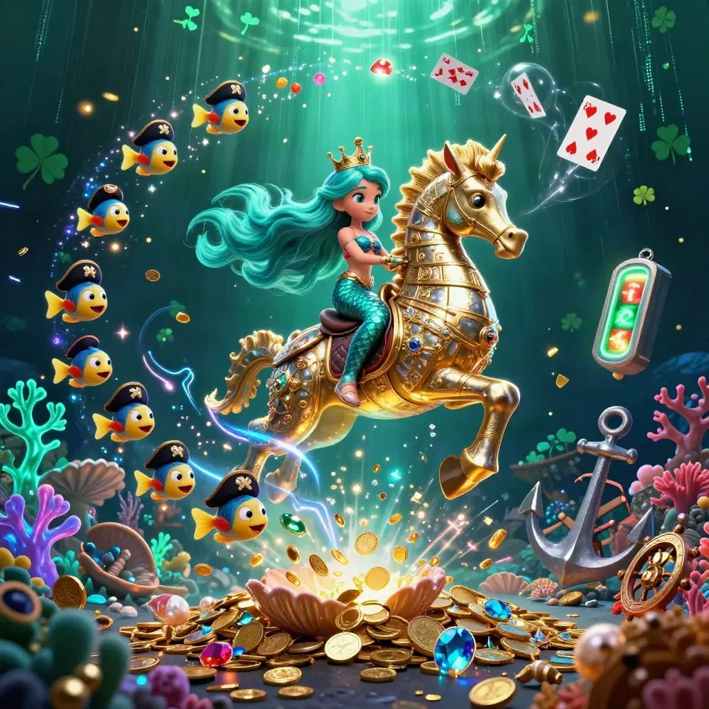 Mermaid princess rides a golden seahorse amid pirate fish, coins, coral, and glowing treasure.